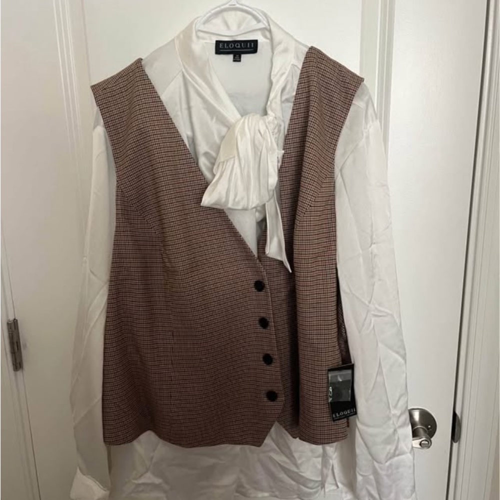 Eloquii 3-Piece Plaid Pants Set w/ Tie-Neck Blouse NWT